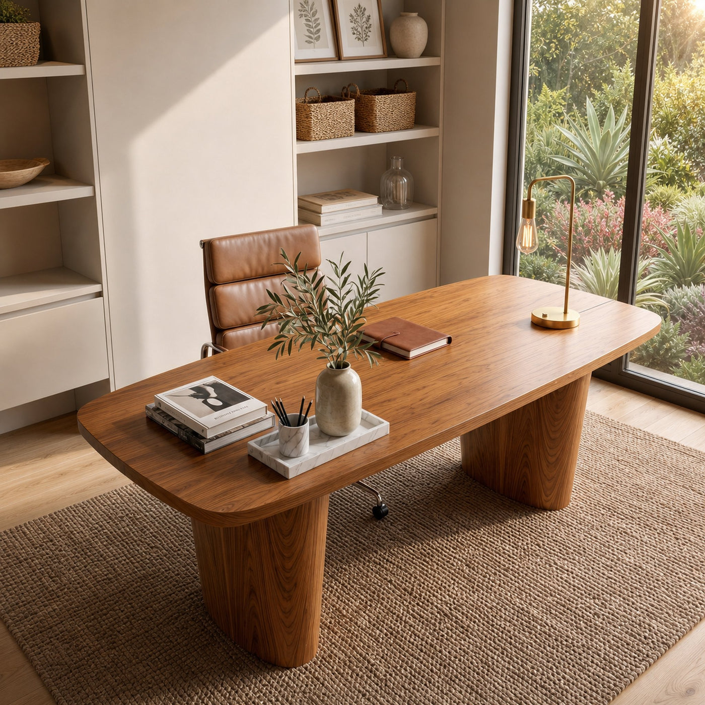 Modern Executive Wooden Desk With Sculptural Solid Wood Base For Home Office And Workspace - product view 6