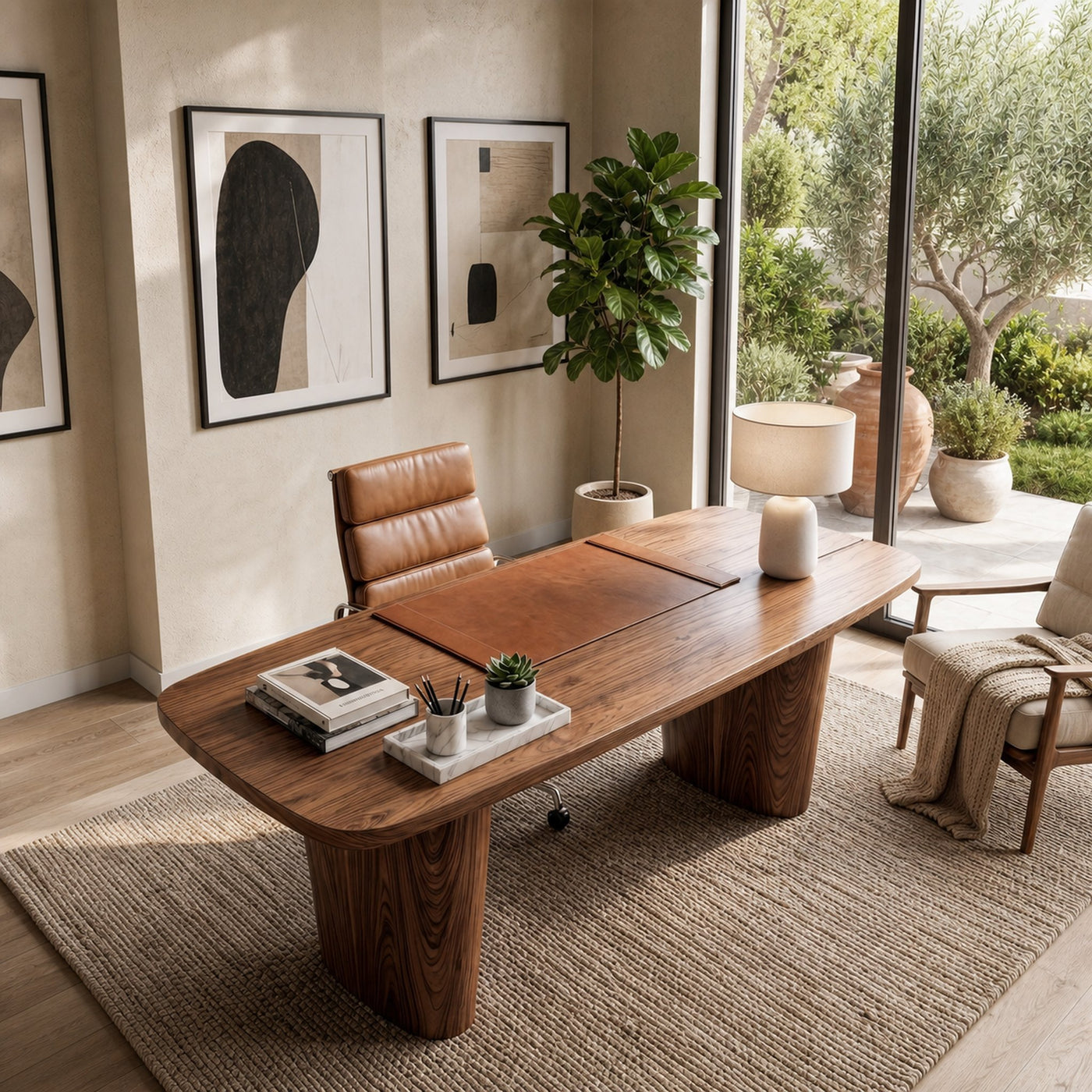 Modern Executive Wooden Desk With Sculptural Solid Wood Base For Home Office And Workspace - product view 7