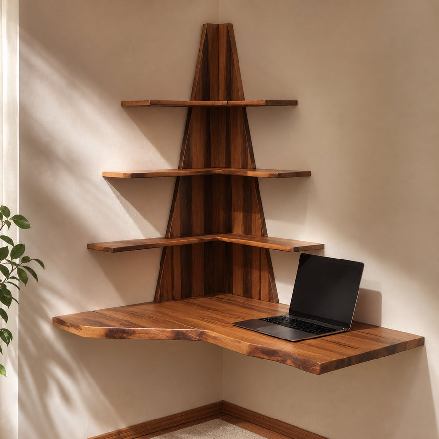 Modern Floating Corner Desk With Tree Shelves For Home Office And Apartment