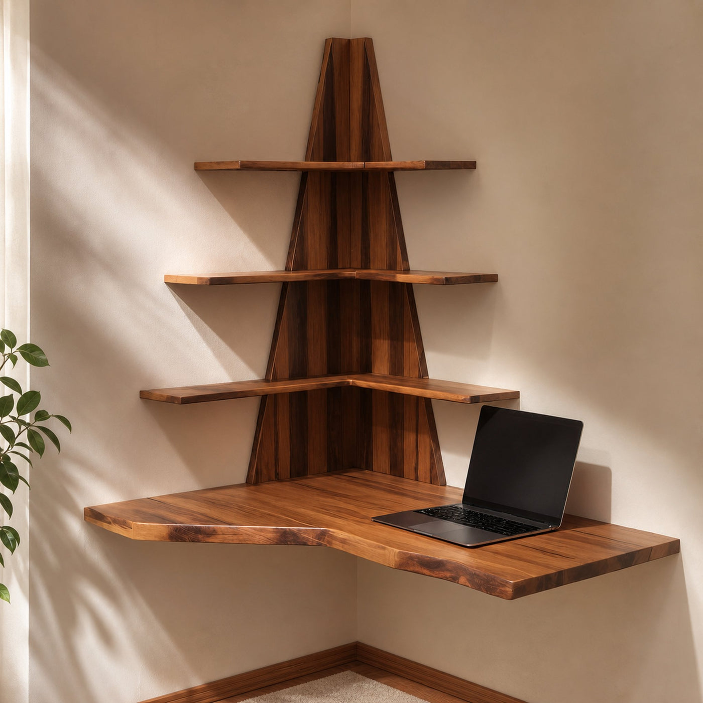 Modern Floating Corner Desk With Tree Shelves For Home Office And Apartment