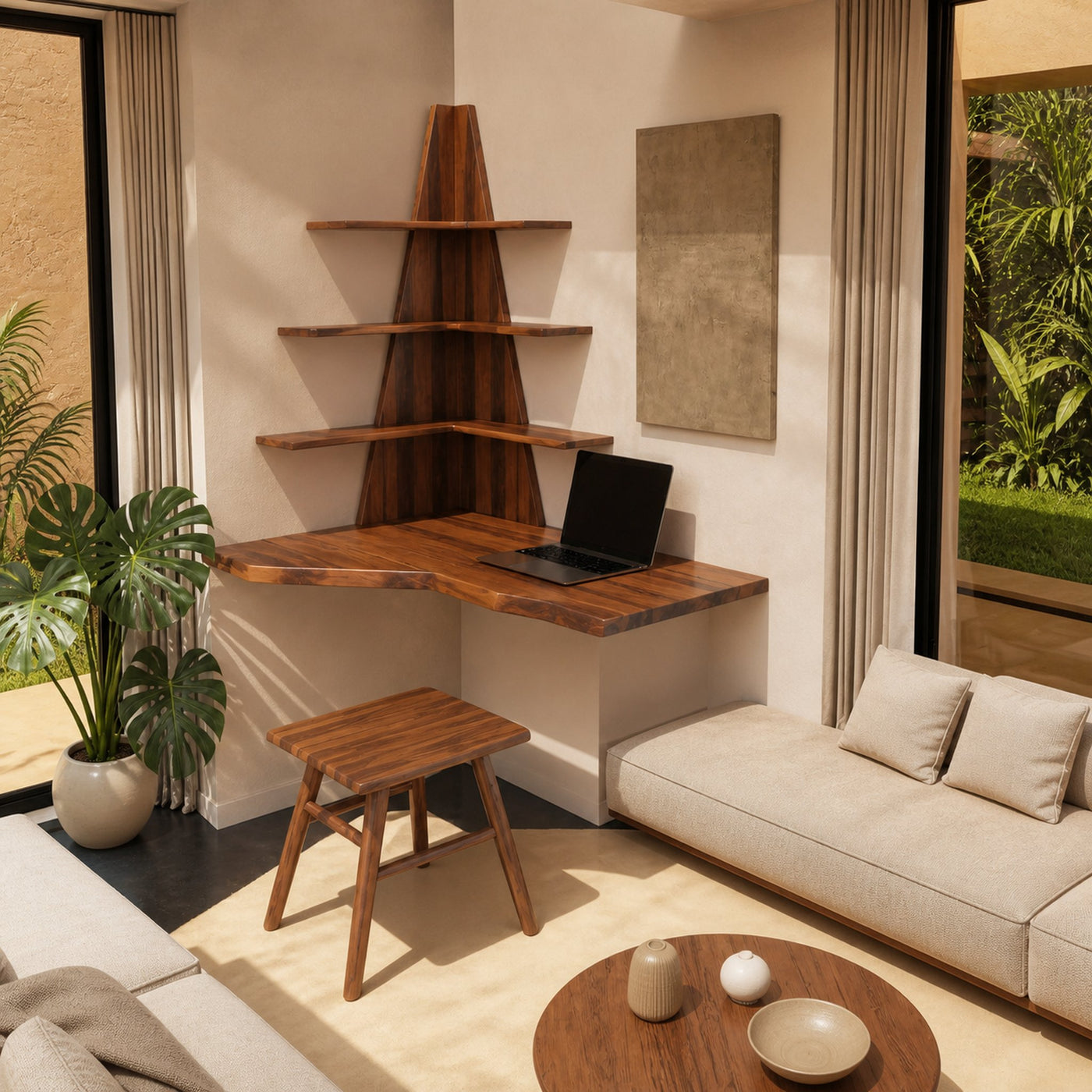 Modern Floating Corner Desk With Tree Shelves For Home Office And Apartment - product view 2