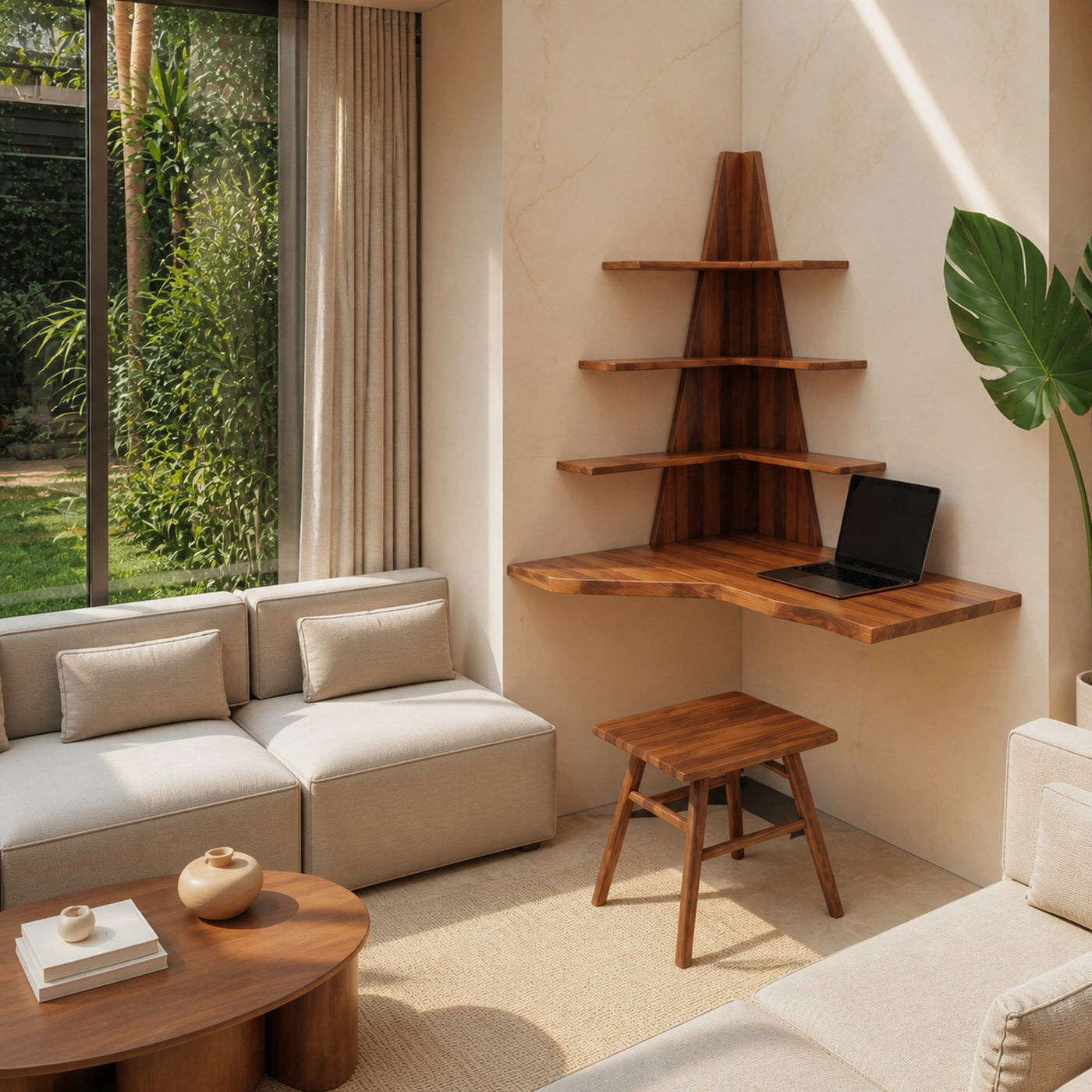 Modern Floating Corner Desk With Tree Shelves For Home Office And Apartment - product view 3