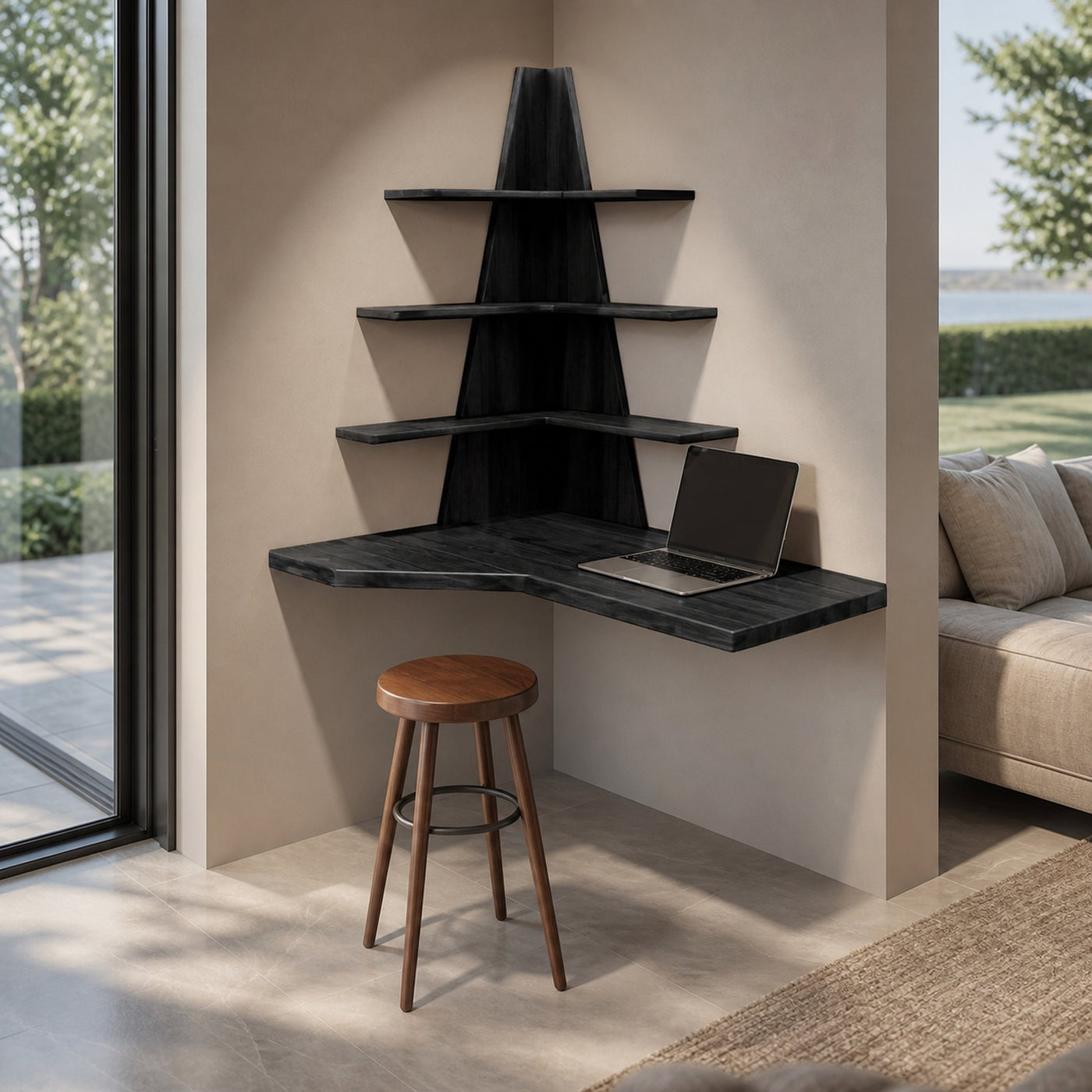 Modern Floating Corner Desk With Tree Shelves For Home Office And Apartment - product view 4