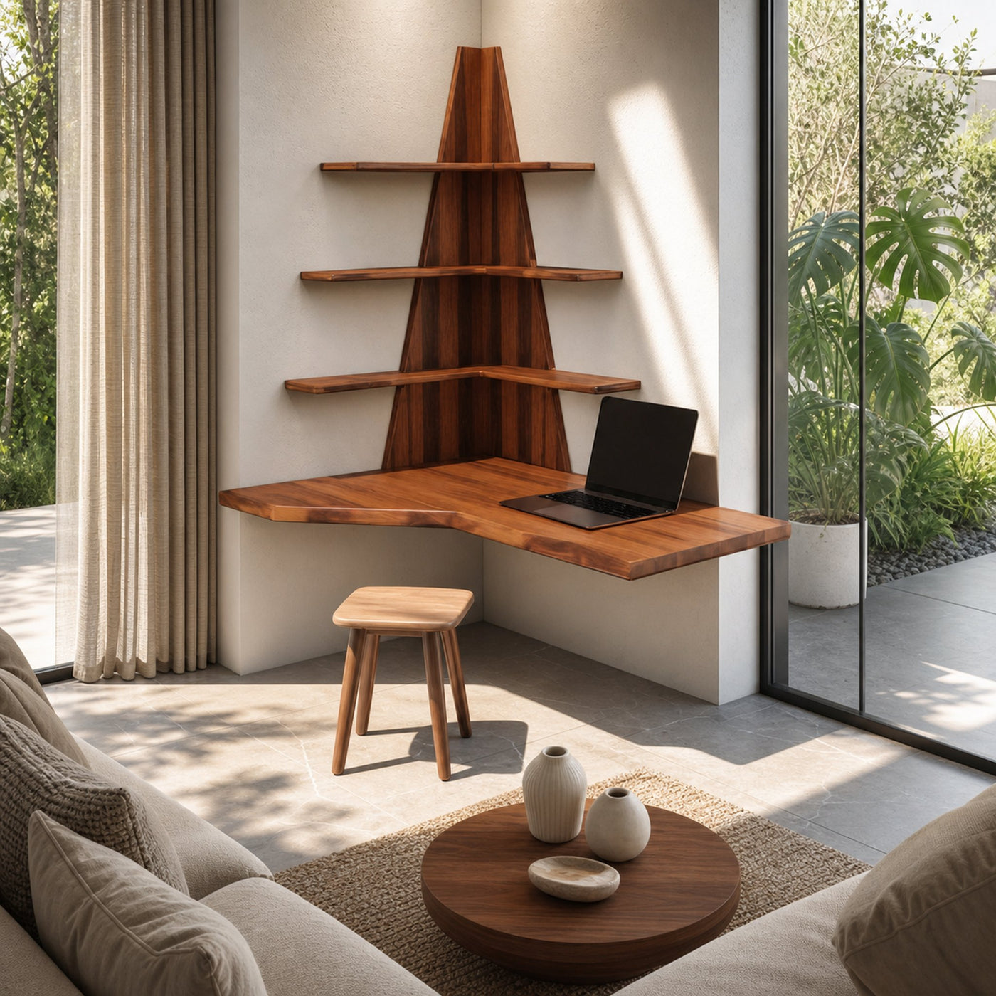 Modern Floating Corner Desk With Tree Shelves For Home Office And Apartment - product view 6