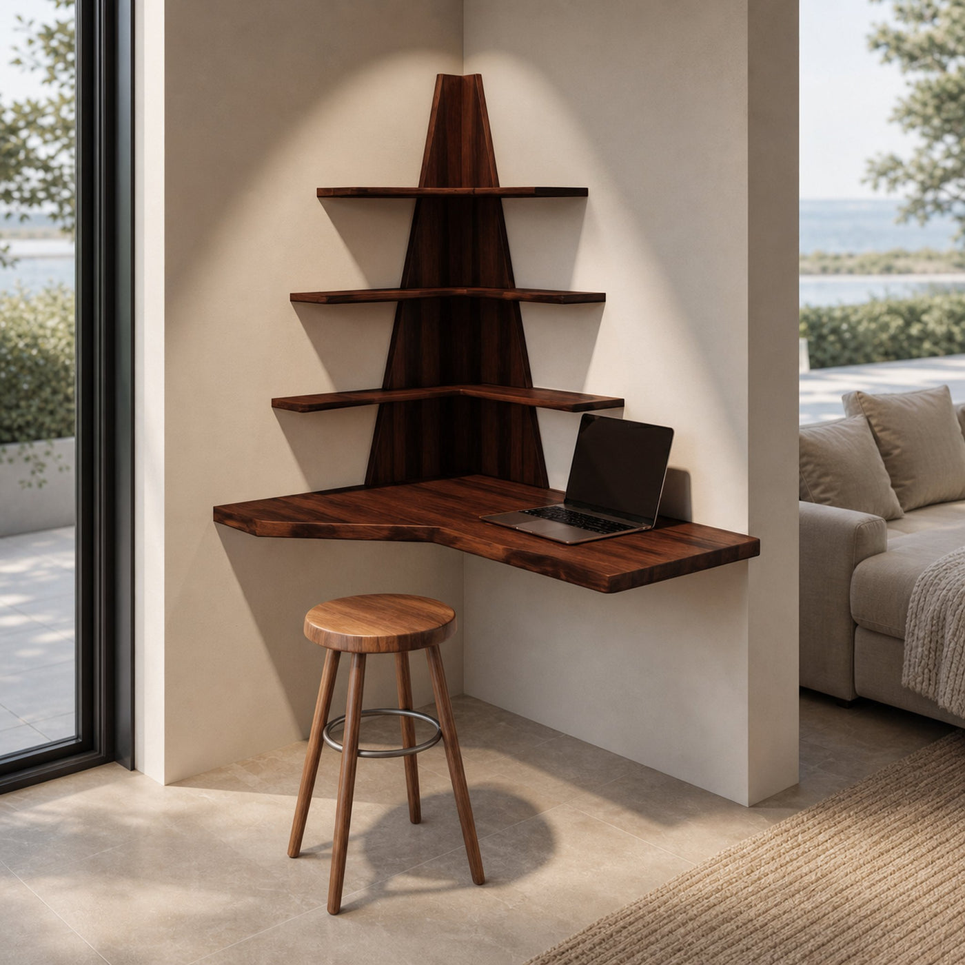Modern Floating Corner Desk With Tree Shelves For Home Office And Apartment - product view 7