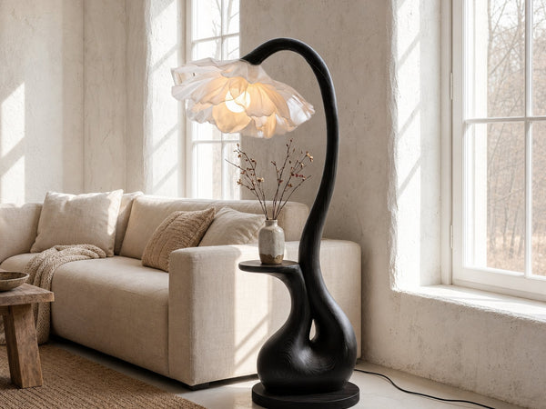 Modern Floor Lamp With Sculptural Curved Base And Display Shelf For Living Room