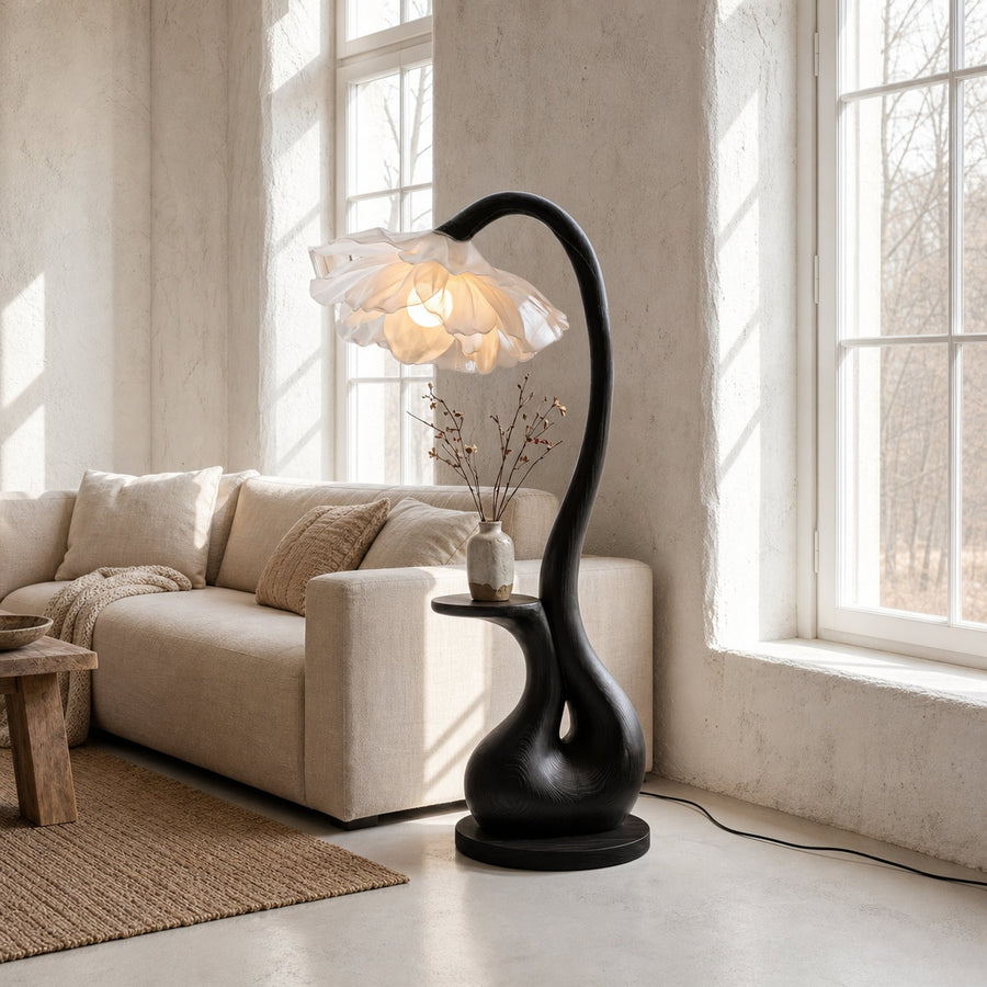 Modern Floor Lamp With Sculptural Curved Base And Display Shelf For Living Room
