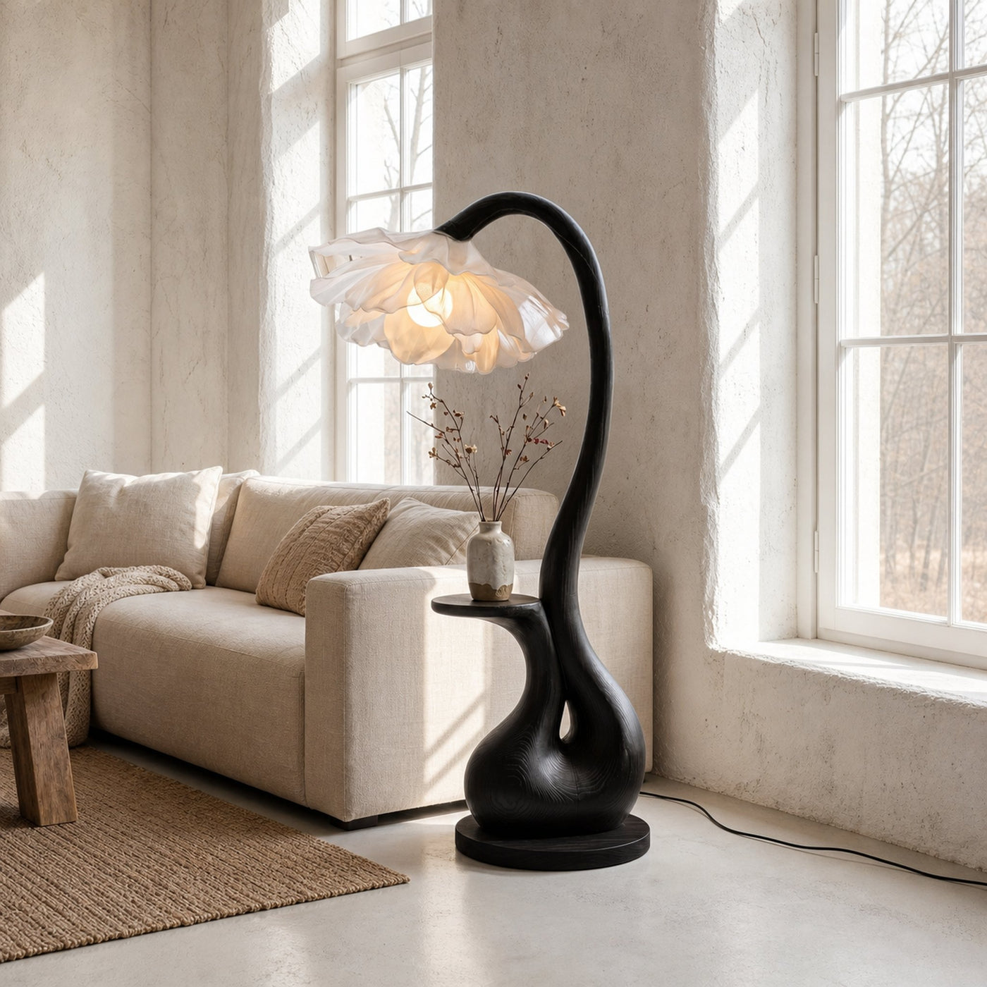 Modern Floor Lamp With Sculptural Curved Base And Display Shelf For Living Room
