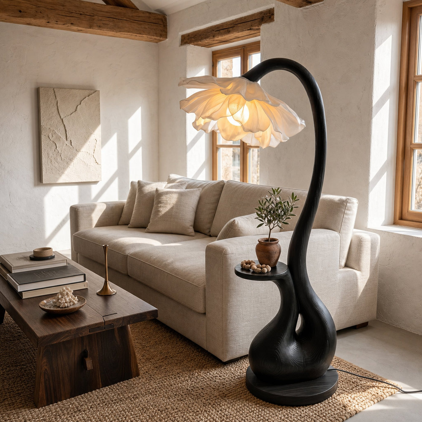 Modern Floor Lamp With Sculptural Curved Base And Display Shelf For Living Room - product view 2