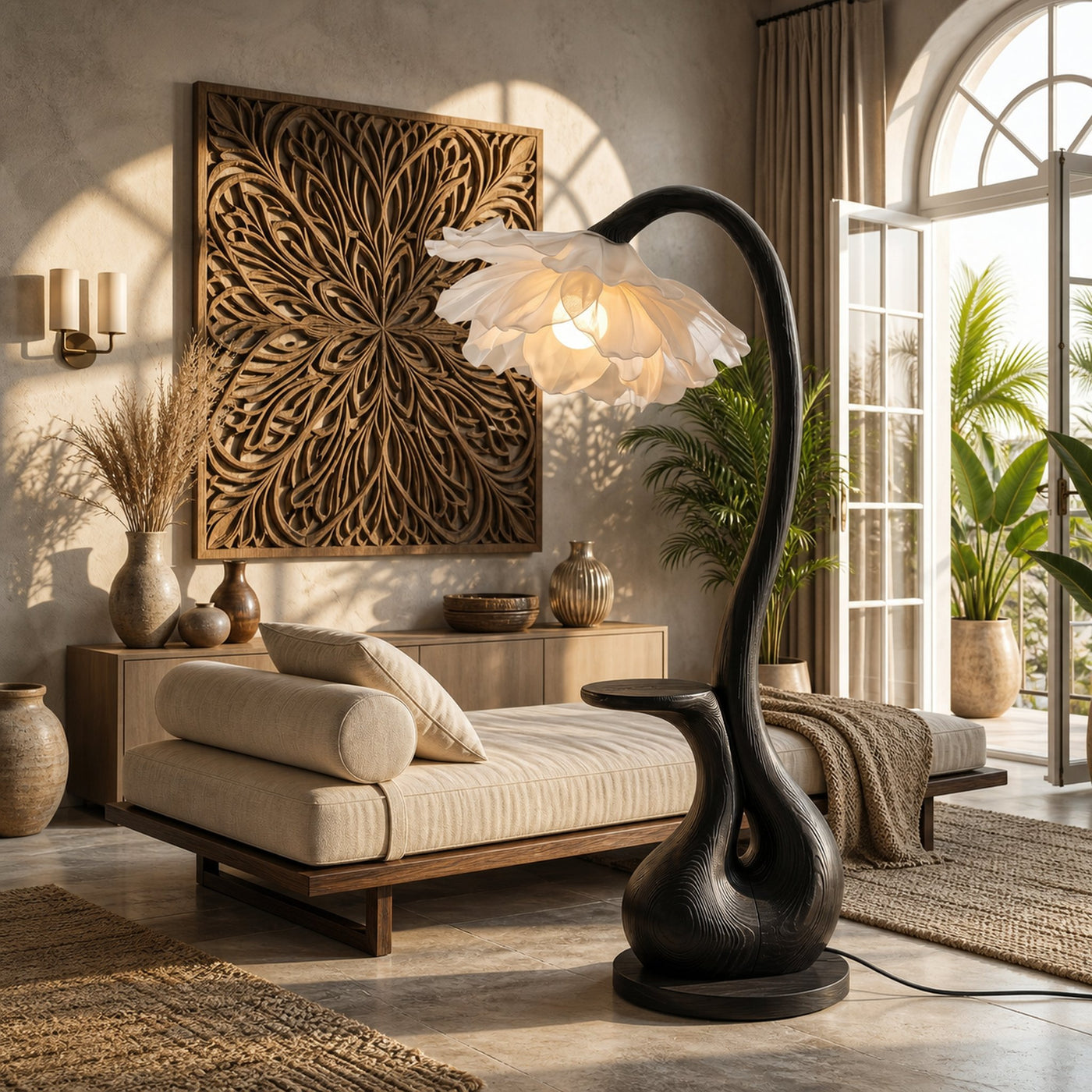Modern Floor Lamp With Sculptural Curved Base And Display Shelf For Living Room - product view 4