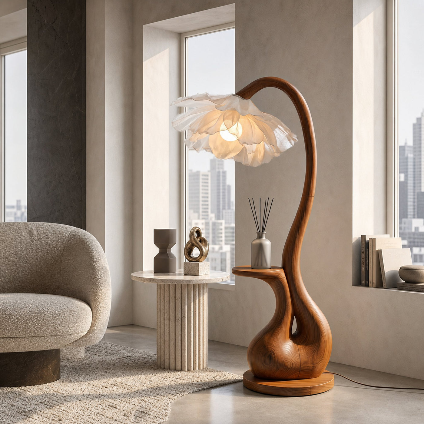 Modern Floor Lamp With Sculptural Curved Base And Display Shelf For Living Room - product view 6