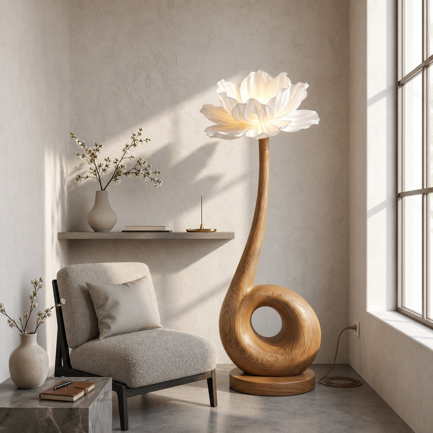 Modern Floor Lamp With Sculptural Loop Base And Floral Shade For Living Room