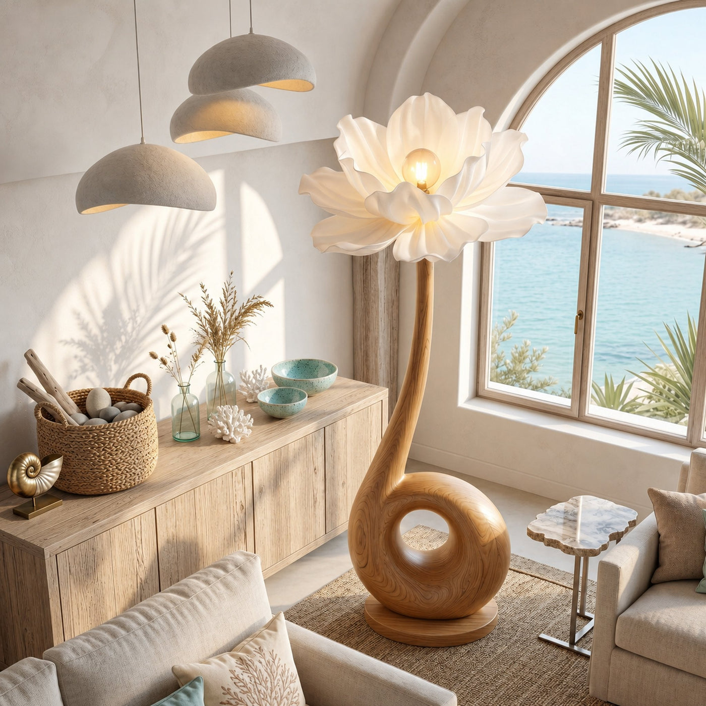 Modern Floor Lamp With Sculptural Loop Base And Floral Shade For Living Room - product view 2