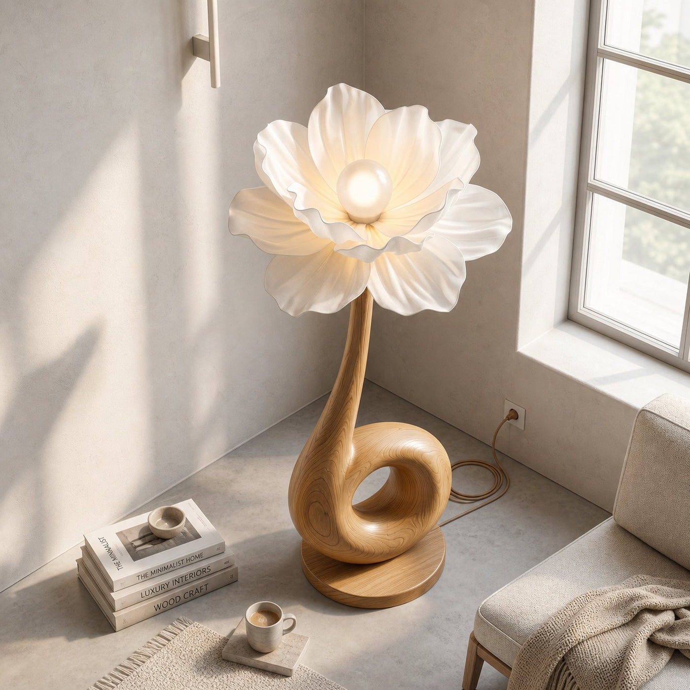 Modern Floor Lamp With Sculptural Loop Base And Floral Shade For Living Room - product view 3