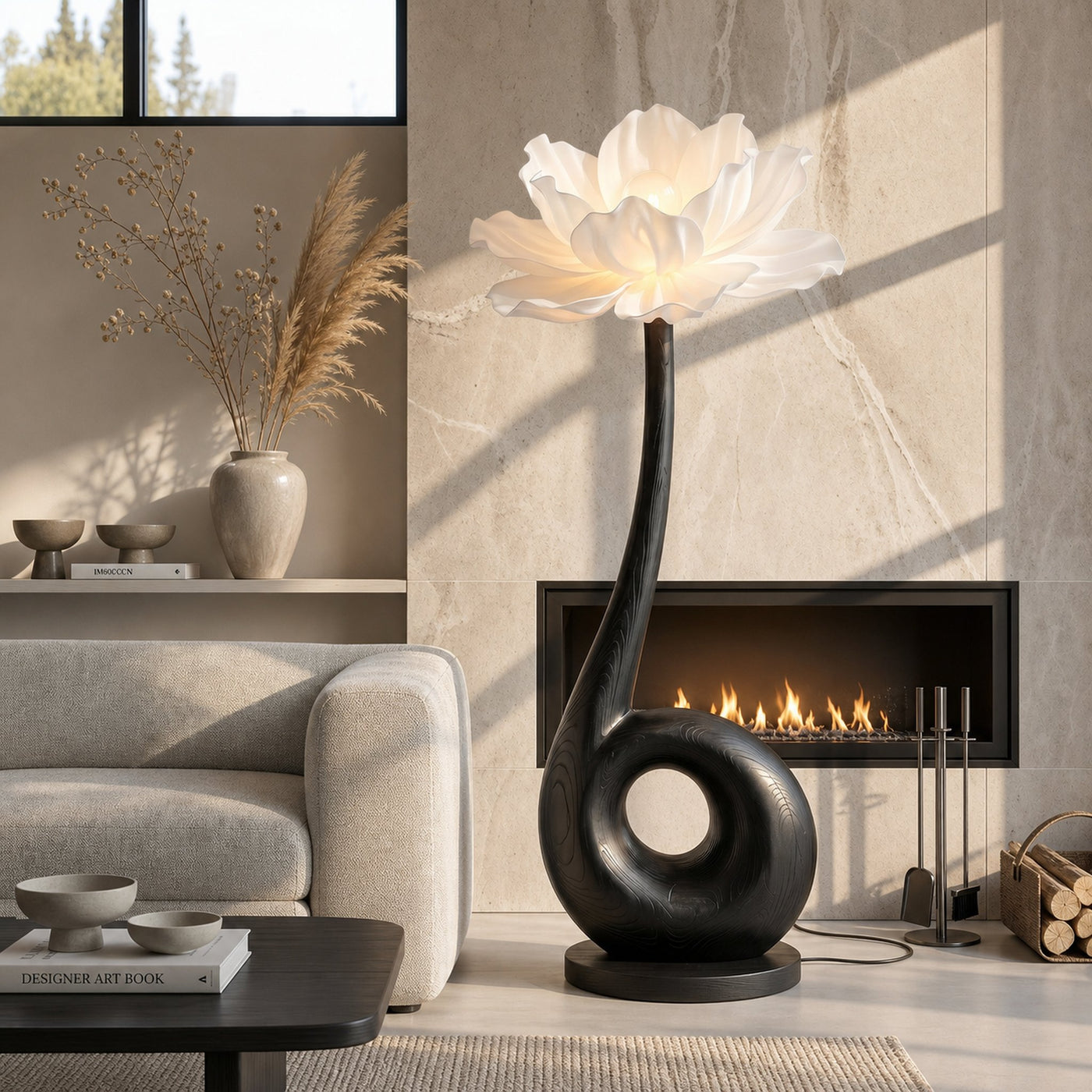 Modern Floor Lamp With Sculptural Loop Base And Floral Shade For Living Room - product view 4