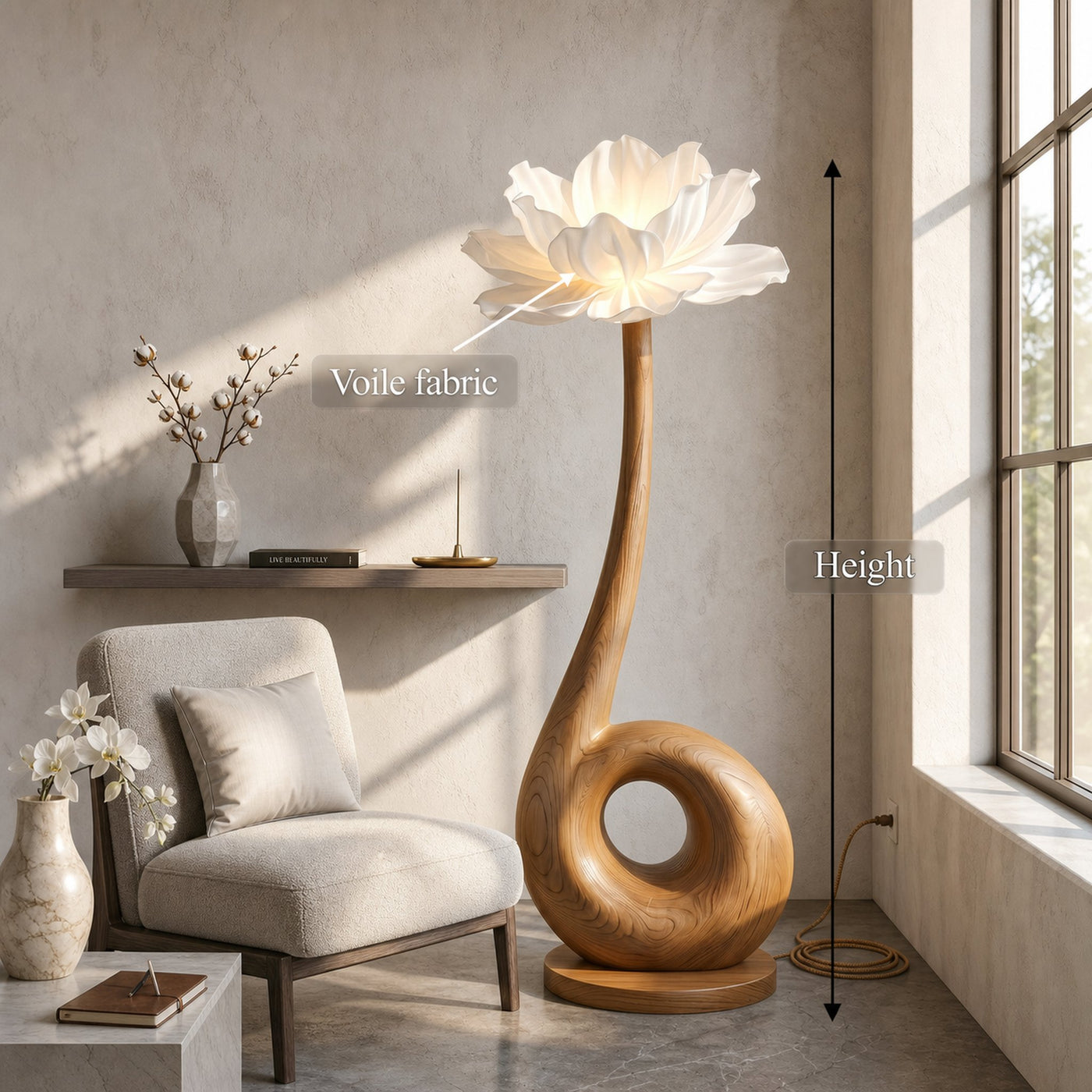 Modern Floor Lamp With Sculptural Loop Base And Floral Shade For Living Room - product view 8