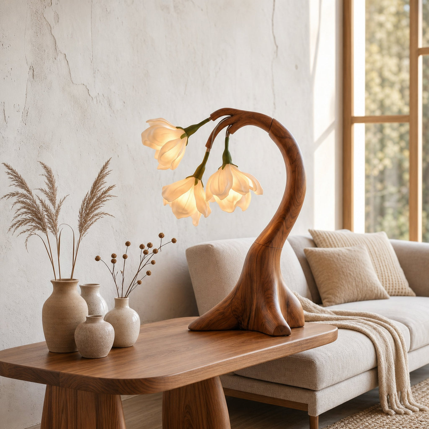 Modern Floral Table Lamp With Sculptural Curved Wood Base For Bedroom And Living Room