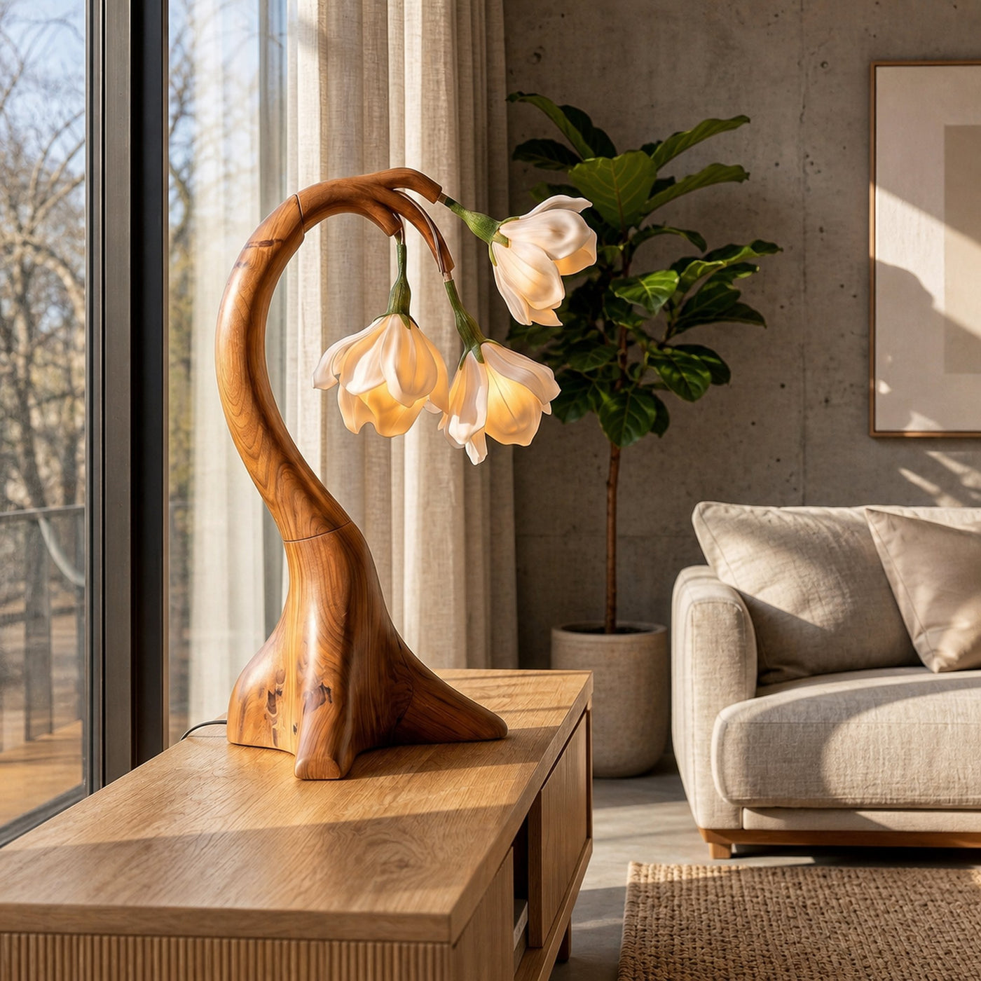 Modern Floral Table Lamp With Sculptural Curved Wood Base For Bedroom And Living Room - product view 2