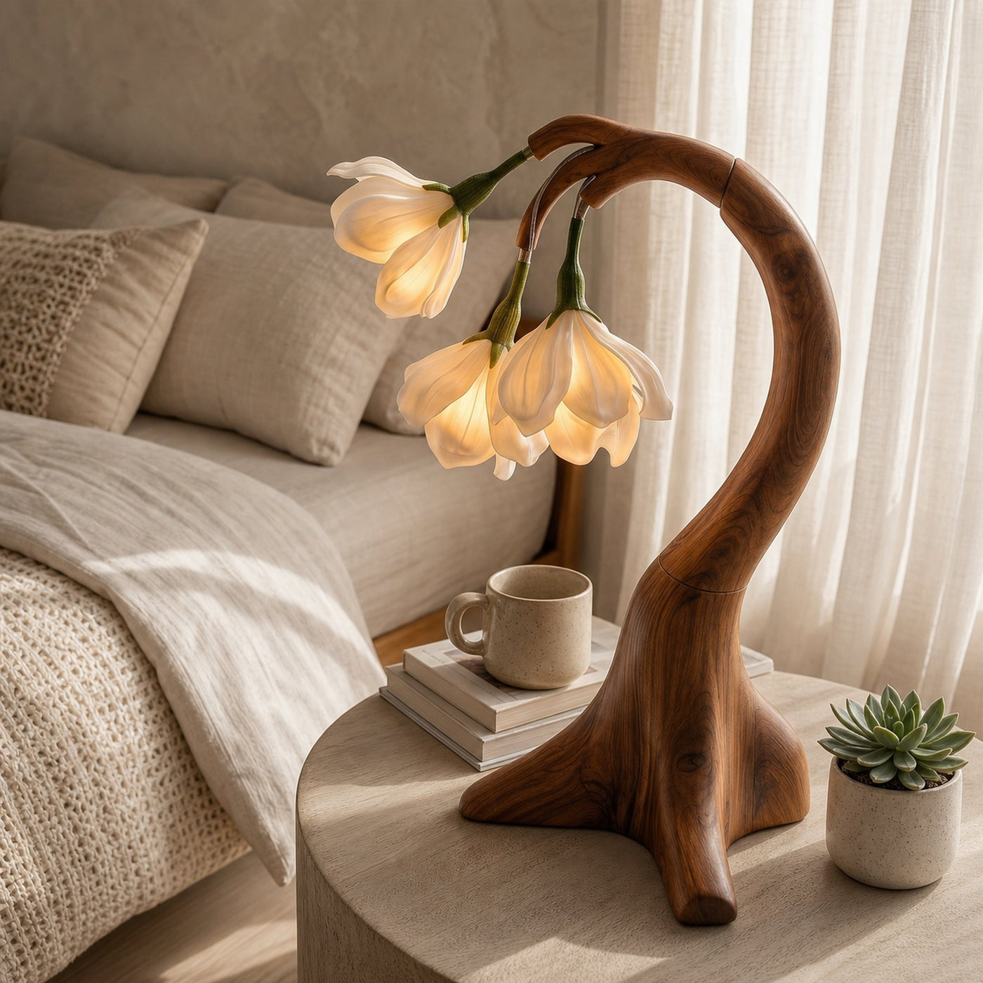 Modern Floral Table Lamp With Sculptural Curved Wood Base For Bedroom And Living Room - product view 3