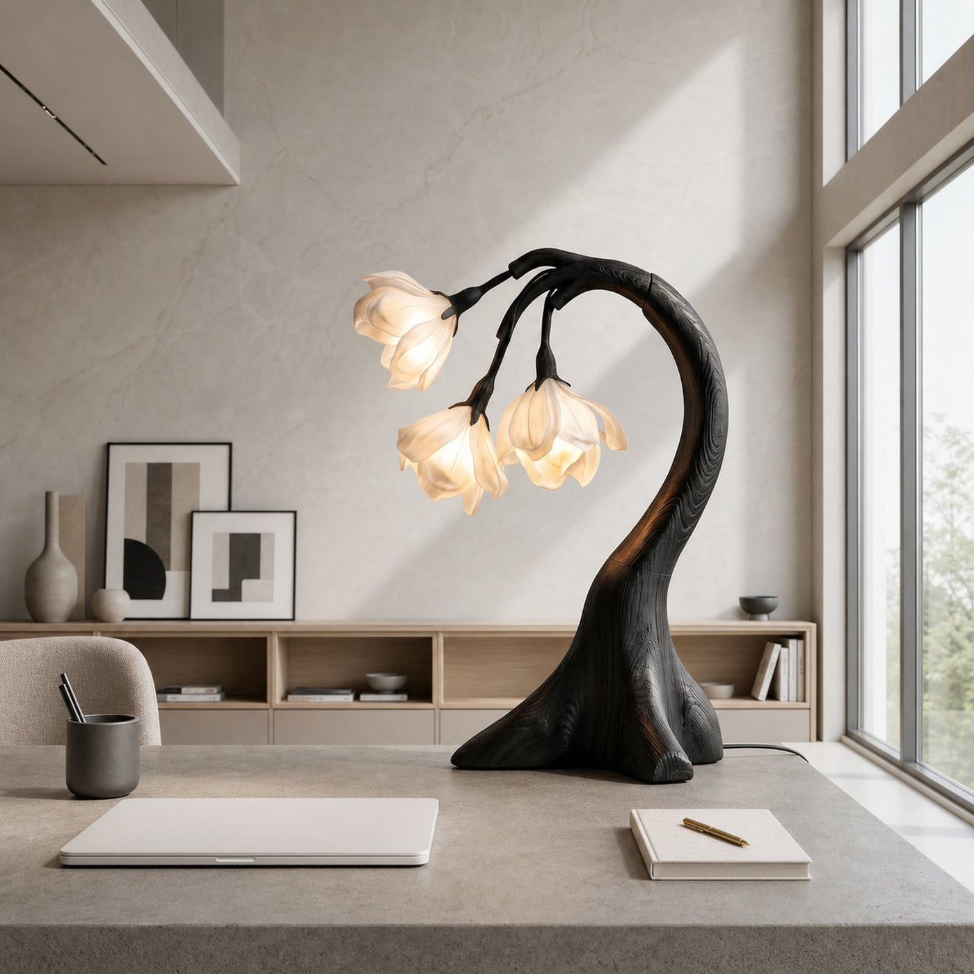 Modern Floral Table Lamp With Sculptural Curved Wood Base For Bedroom And Living Room - product view 4