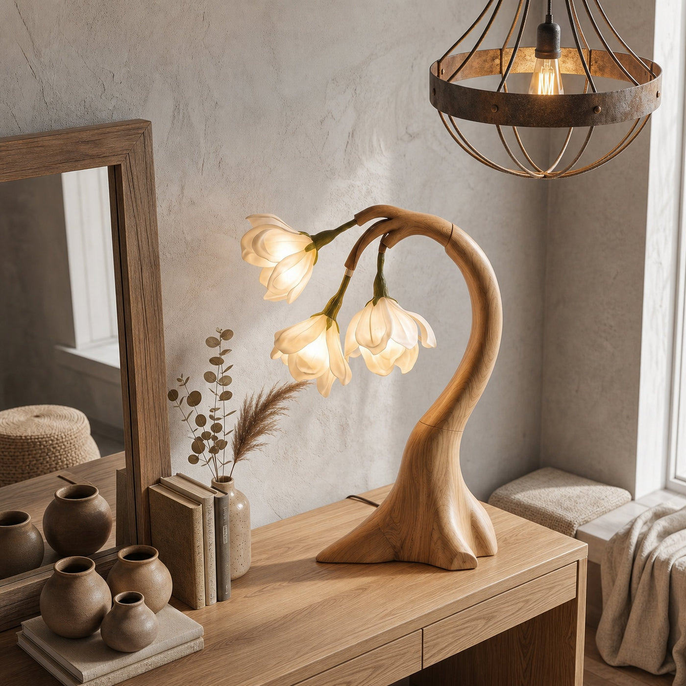 Modern Floral Table Lamp With Sculptural Curved Wood Base For Bedroom And Living Room - product view 5