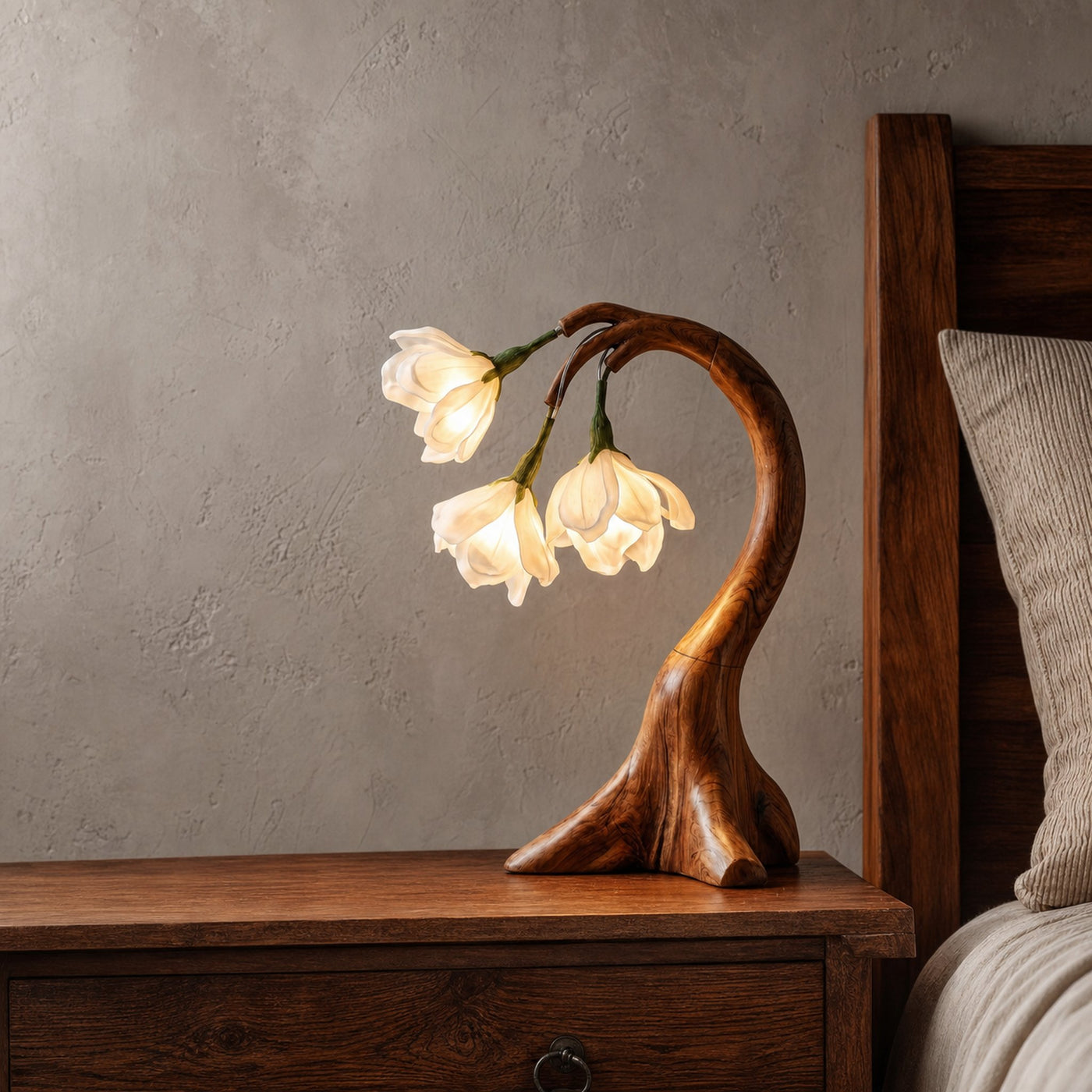 Modern Floral Table Lamp With Sculptural Curved Wood Base For Bedroom And Living Room - product view 6