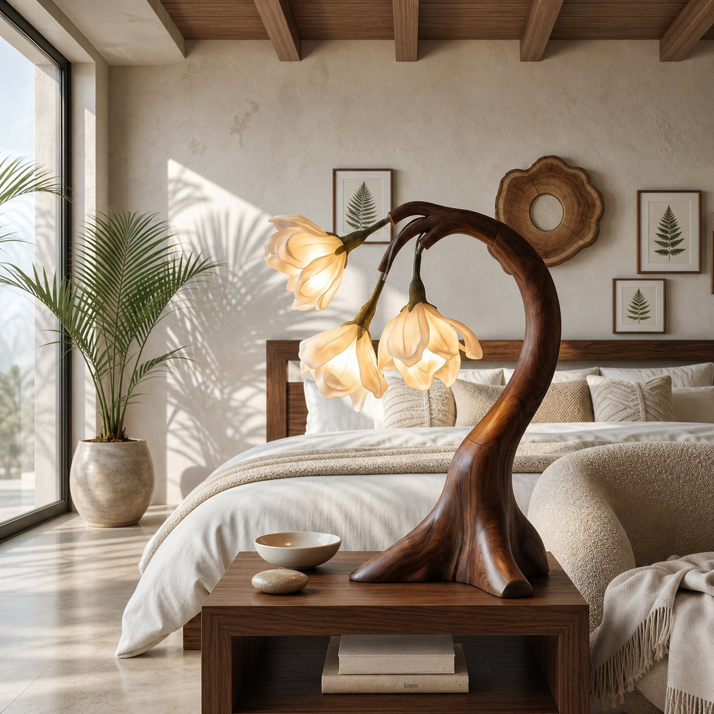 Modern Floral Table Lamp With Sculptural Curved Wood Base For Bedroom And Living Room - product view 7