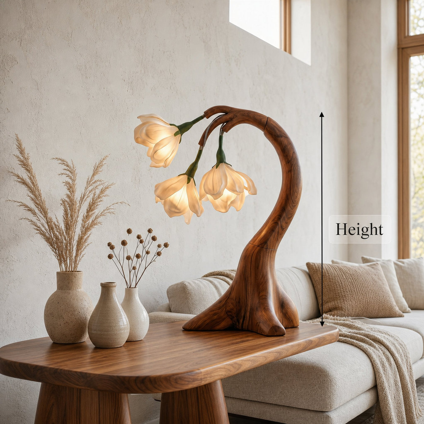 Modern Floral Table Lamp With Sculptural Curved Wood Base For Bedroom And Living Room - product view 8