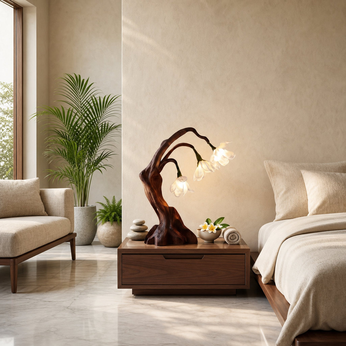 Modern Floral Table Lamp With Sculptural Driftwood Base For Bedroom And Living Room