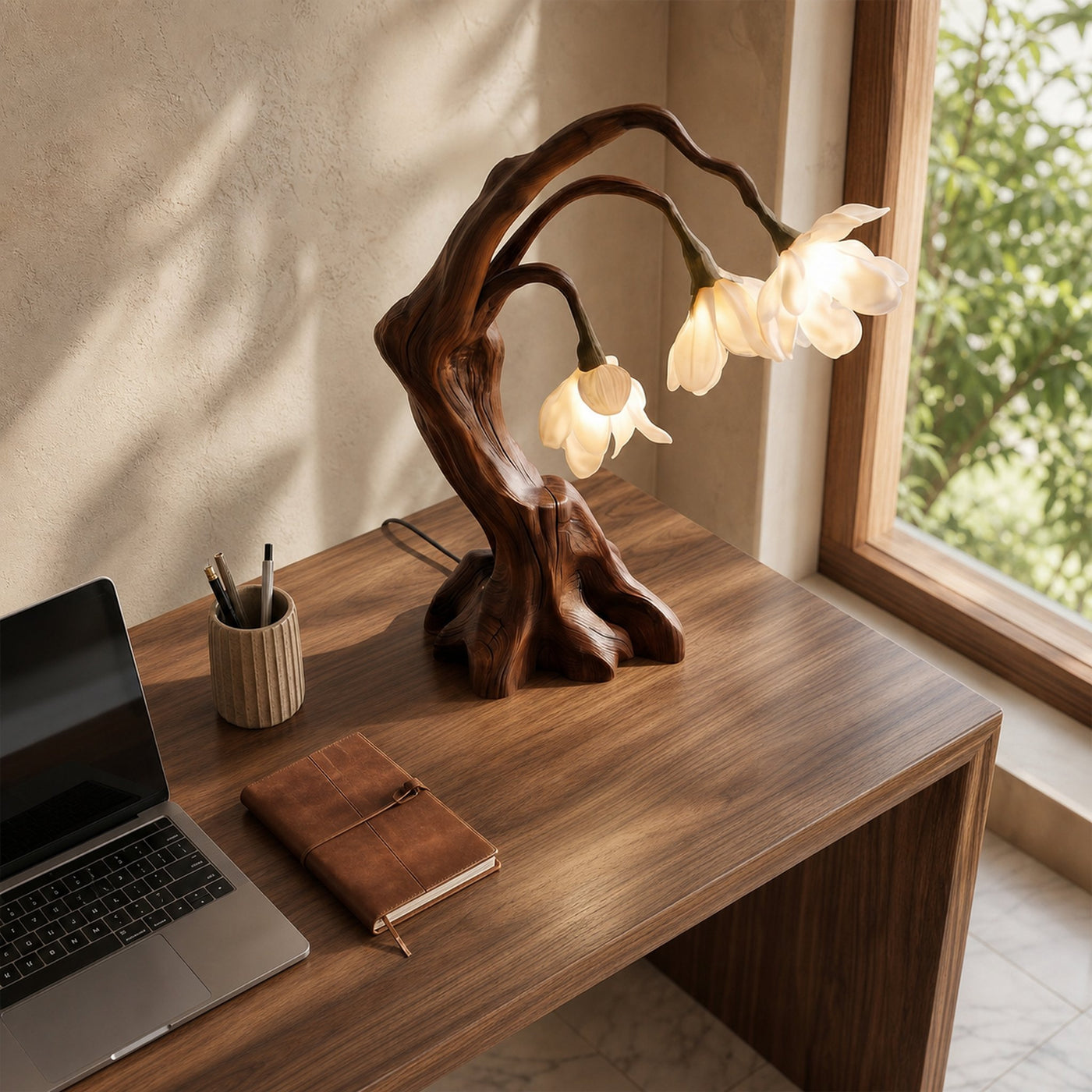 Modern Floral Table Lamp With Sculptural Driftwood Base For Bedroom And Living Room - product view 2