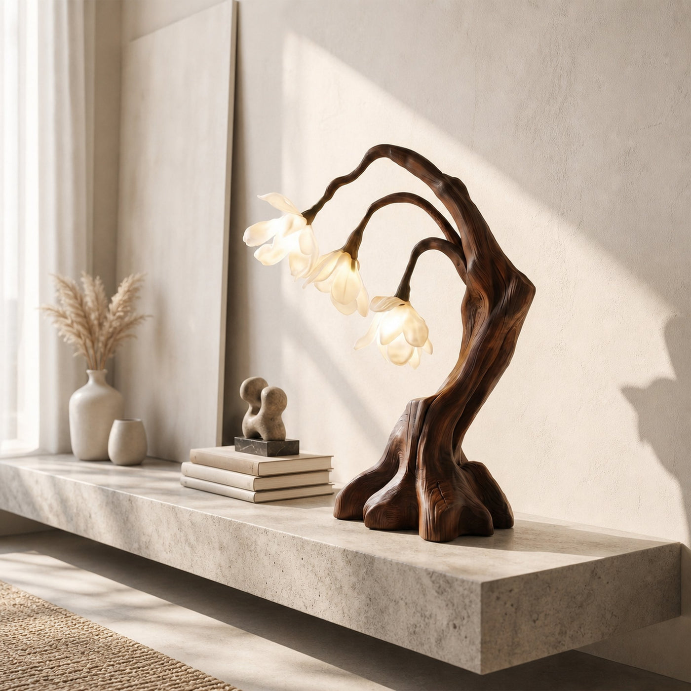 Modern Floral Table Lamp With Sculptural Driftwood Base For Bedroom And Living Room - product view 3