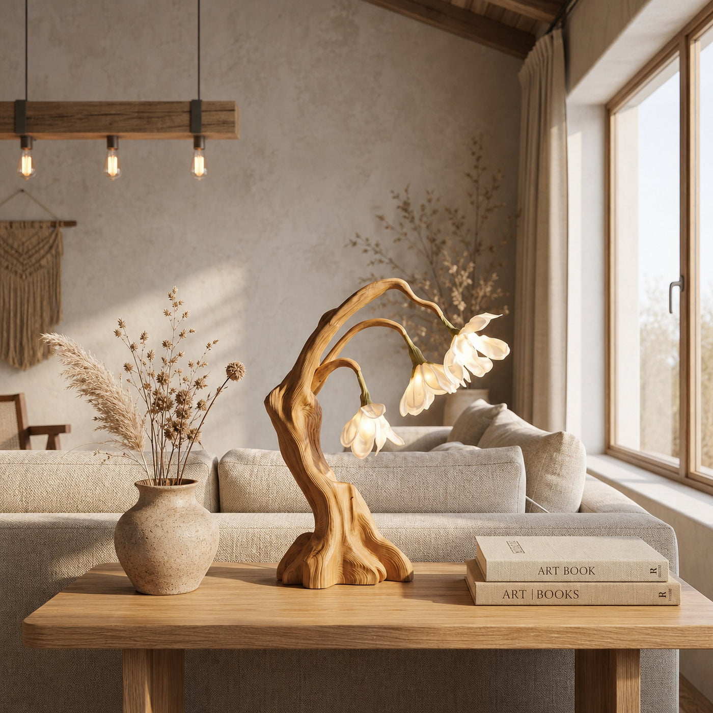 Modern Floral Table Lamp With Sculptural Driftwood Base For Bedroom And Living Room - product view 5