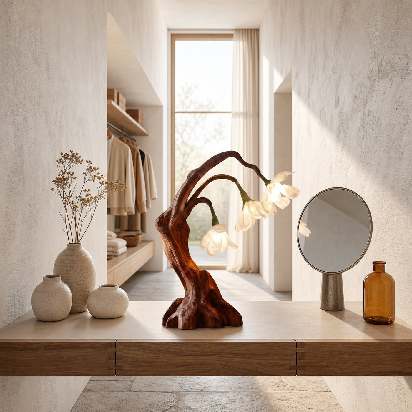Modern Floral Table Lamp With Sculptural Driftwood Base For Bedroom And Living Room - product view 7