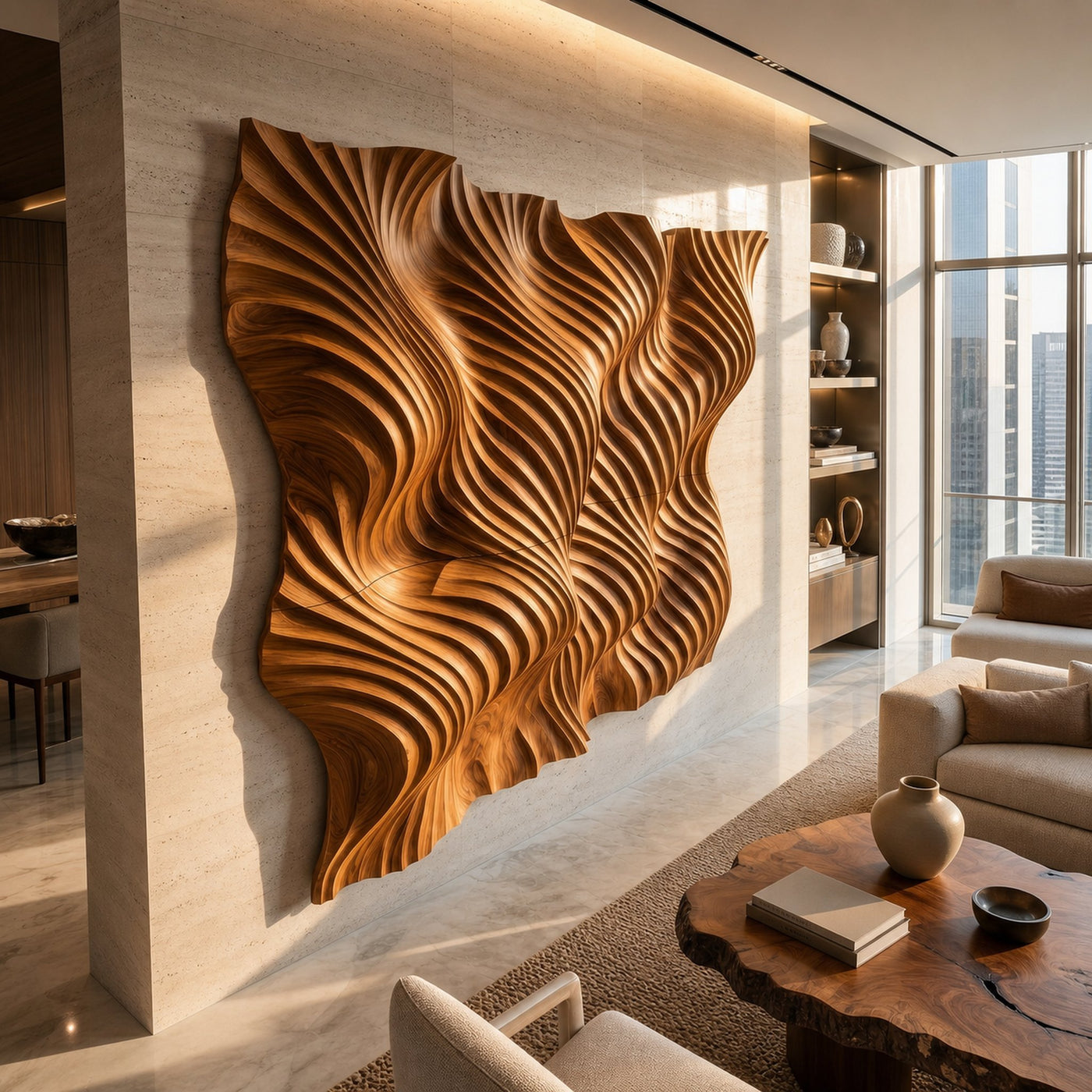 Modern Flowing Wave Wood Wall Art Luxury Bedroom Interior Decor - product view 4