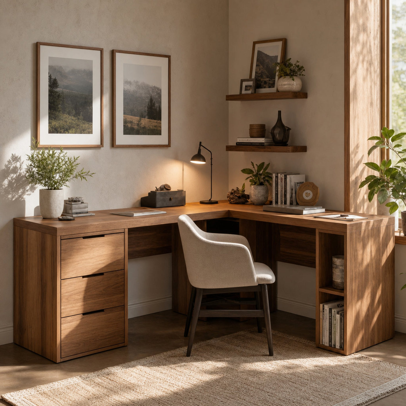 Modern L Shaped Desk With Drawers And Shelves For Study