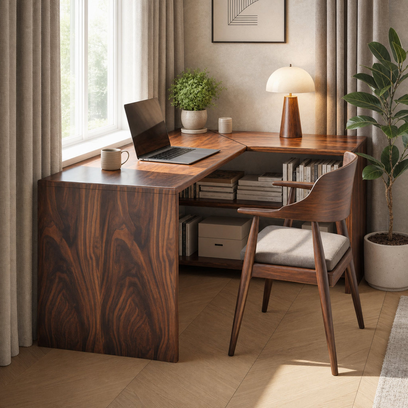 Modern L Shaped Wooden Desk With Bookshelf For Home Office Or Study