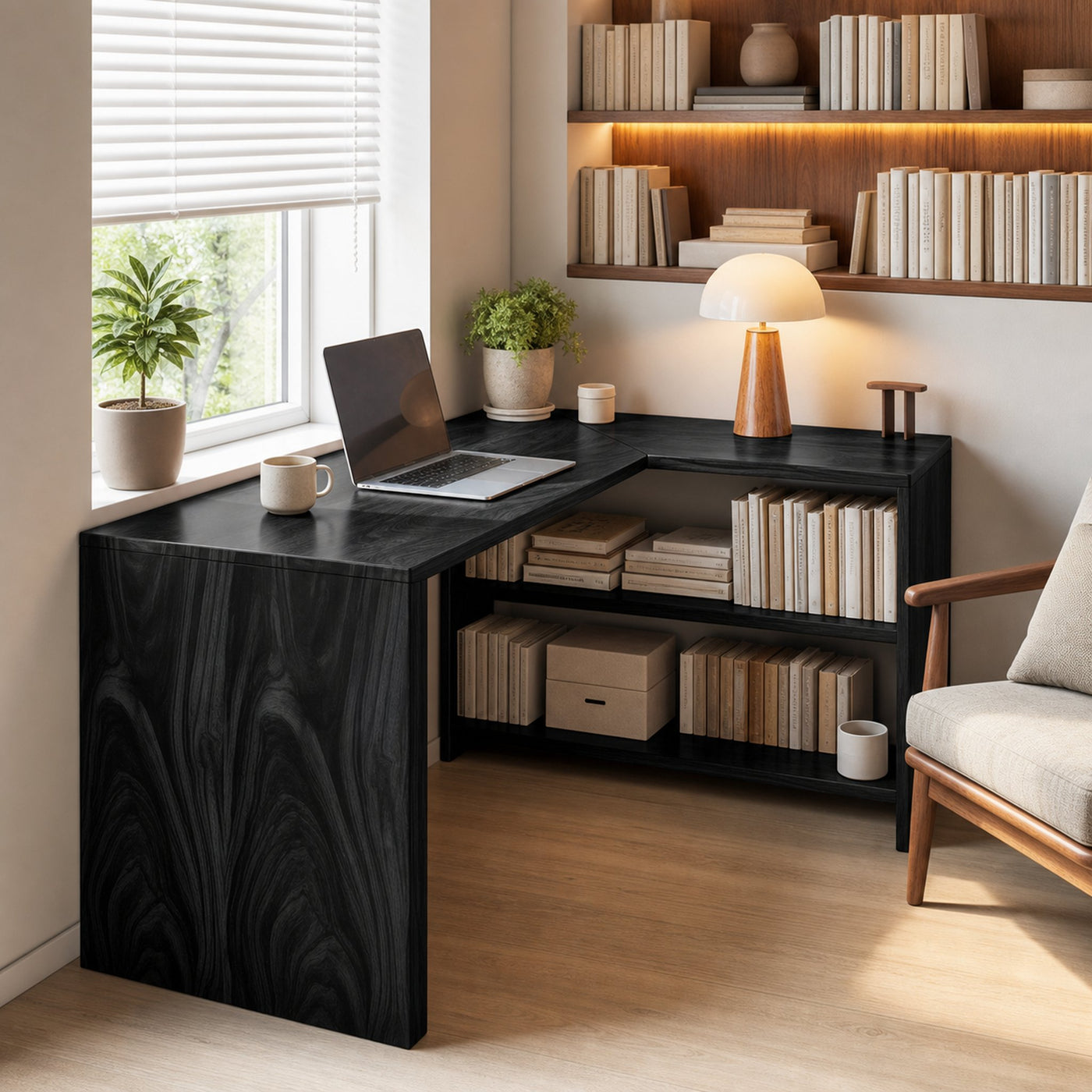 Modern L Shaped Wooden Desk With Bookshelf For Home Office Or Study - product view 4