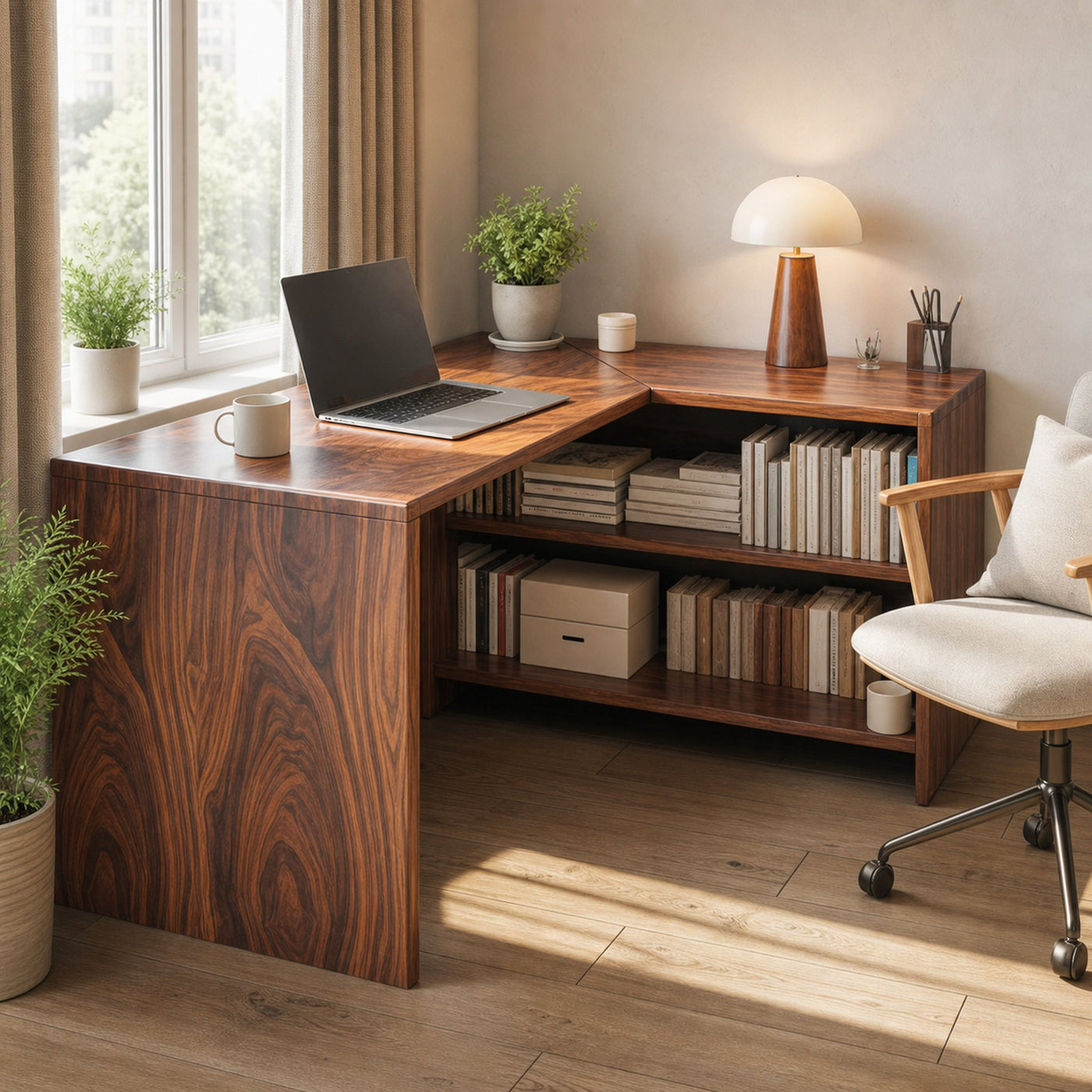 Modern L Shaped Wooden Desk With Bookshelf For Home Office Or Study - product view 6