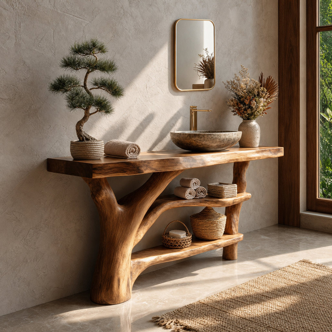 Modern Live Edge Bathroom Vanity Natural Solid Wood For Home Bath