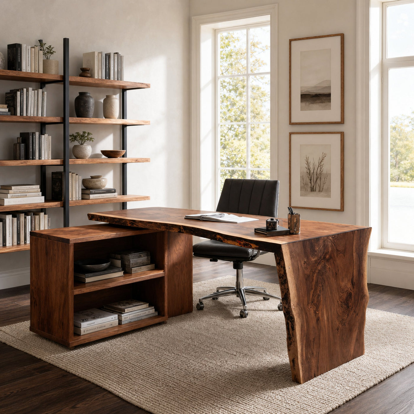 Modern Live Edge Desk With Storage For Workspace
