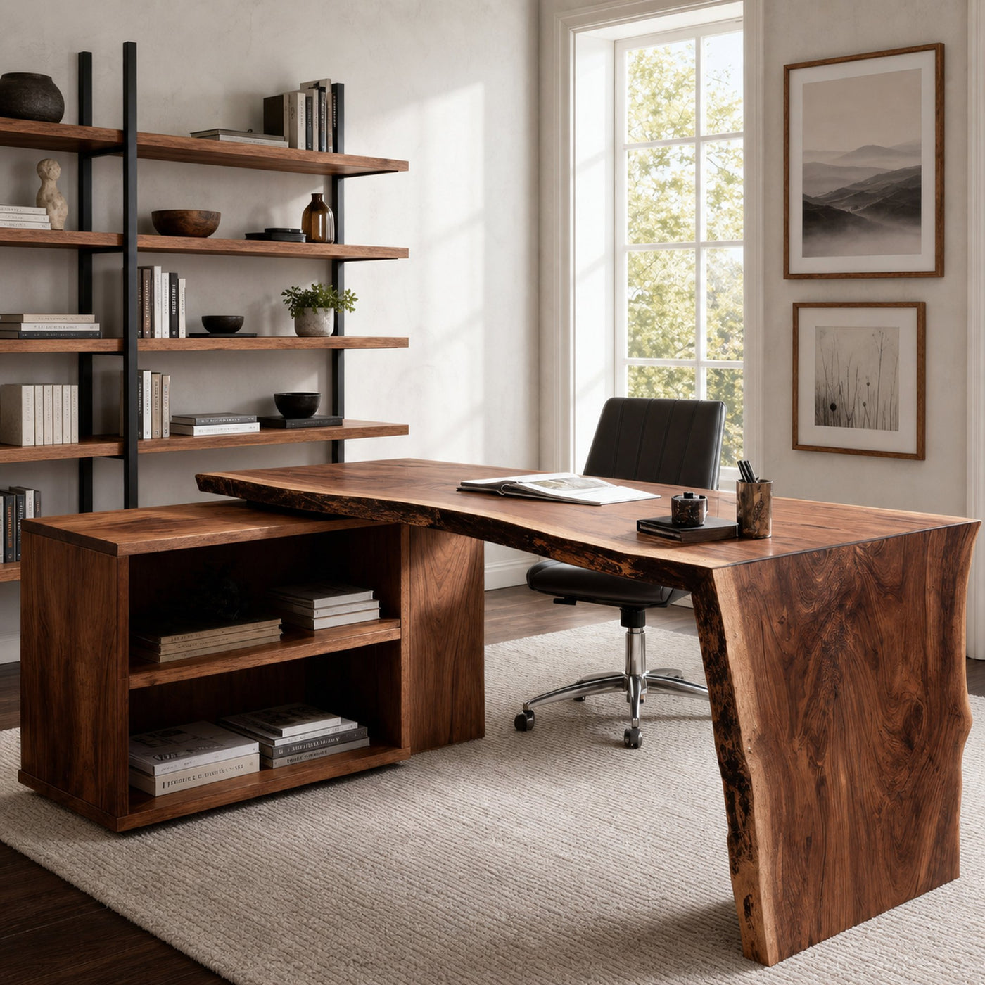 Modern Live Edge Desk With Storage For Workspace - product view 2