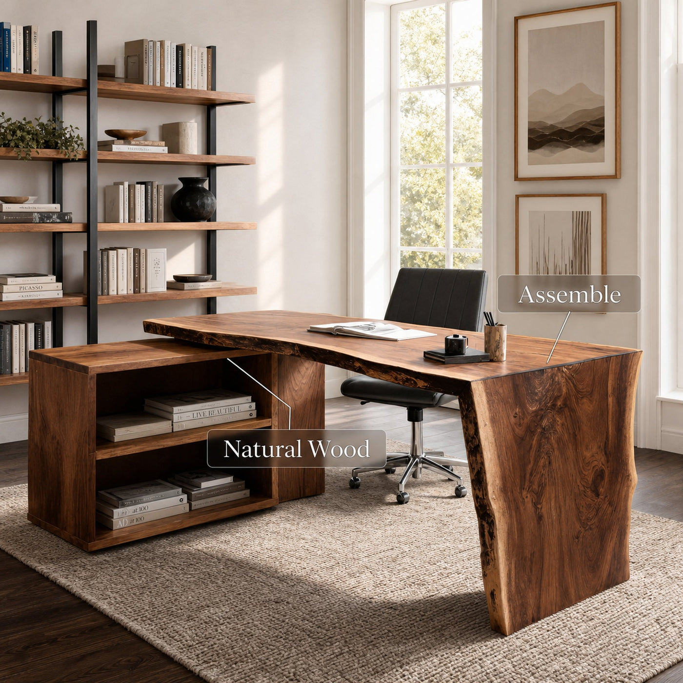 Modern Live Edge Desk With Storage For Workspace - product view 5