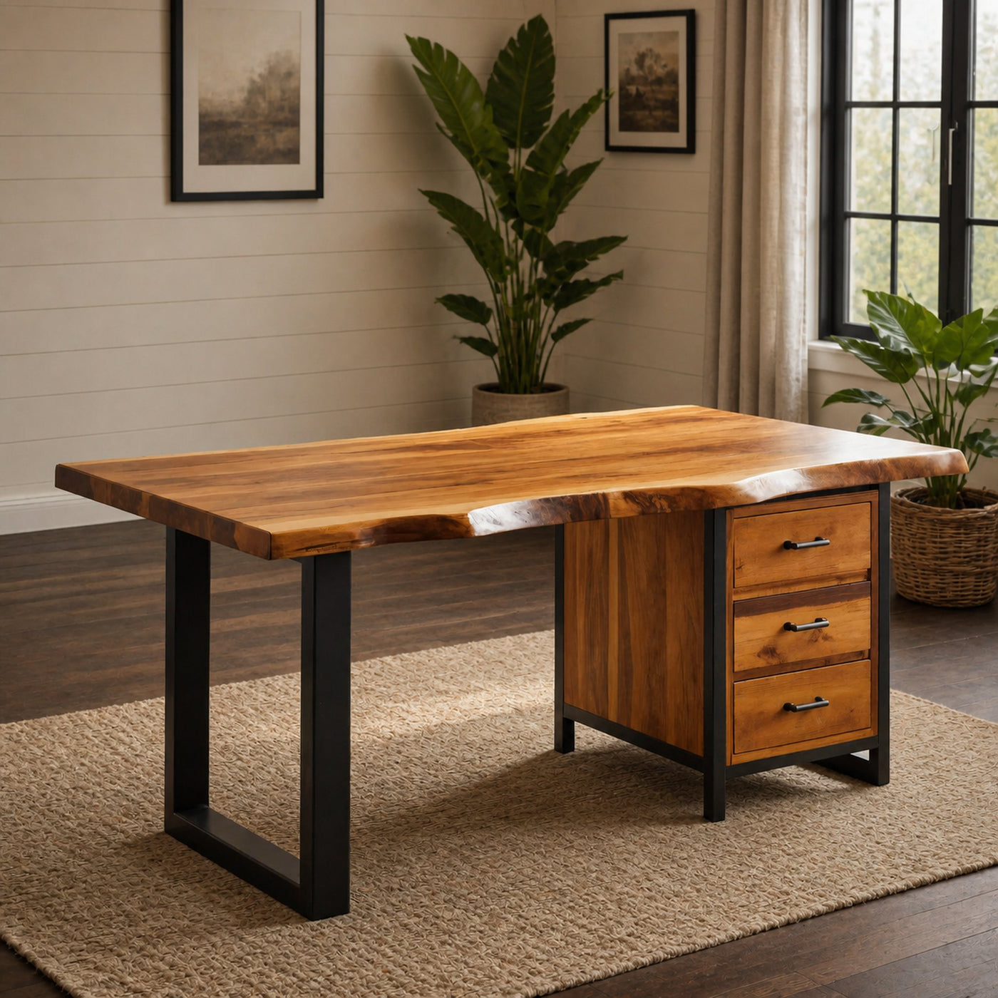 Modern Live Edge Office Desk With Drawer Storage For Workspace