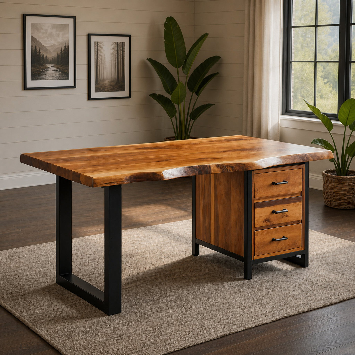 Modern Live Edge Office Desk With Drawer Storage For Workspace - product view 2