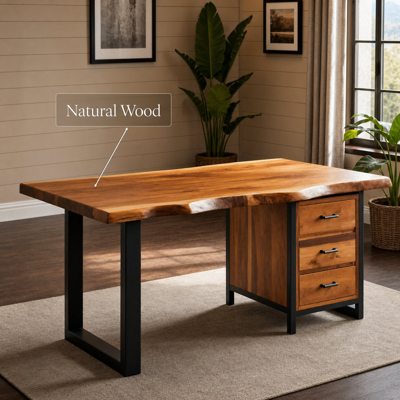 Modern Live Edge Office Desk With Drawer Storage For Workspace - product view 5