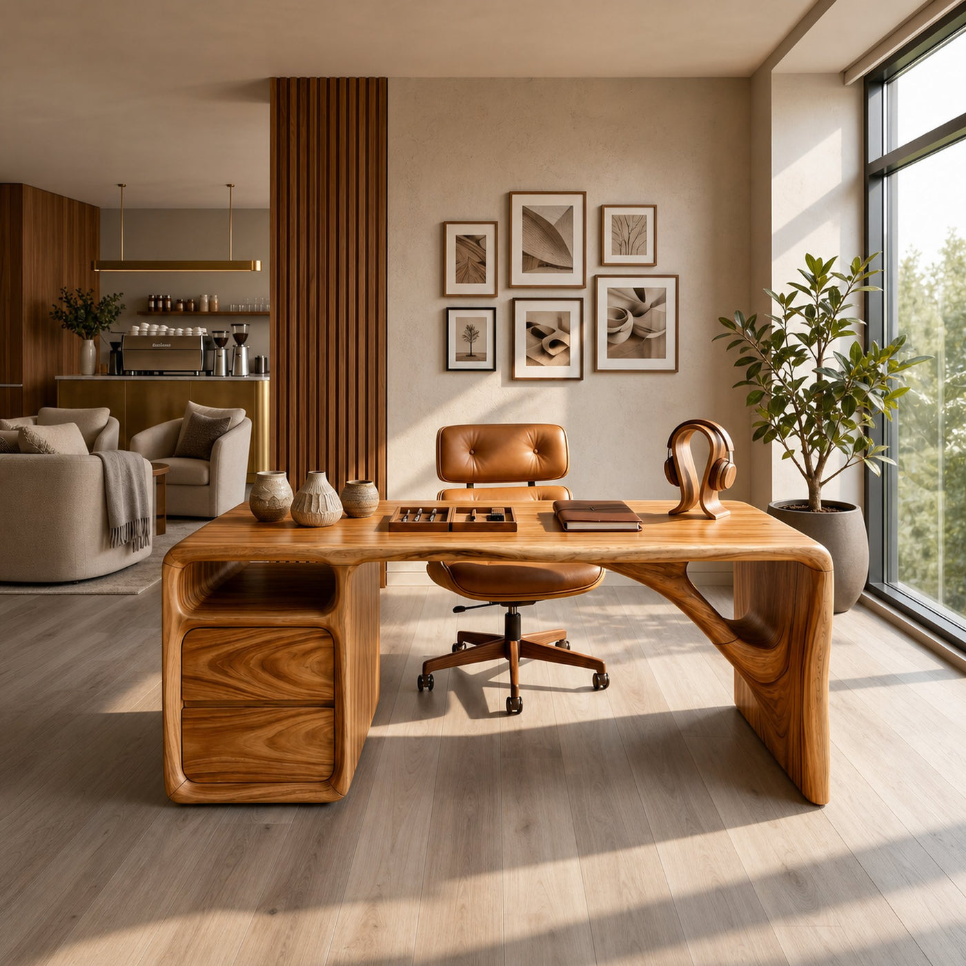 Modern Office Desk With Sculptural Base For Open Living Workspace