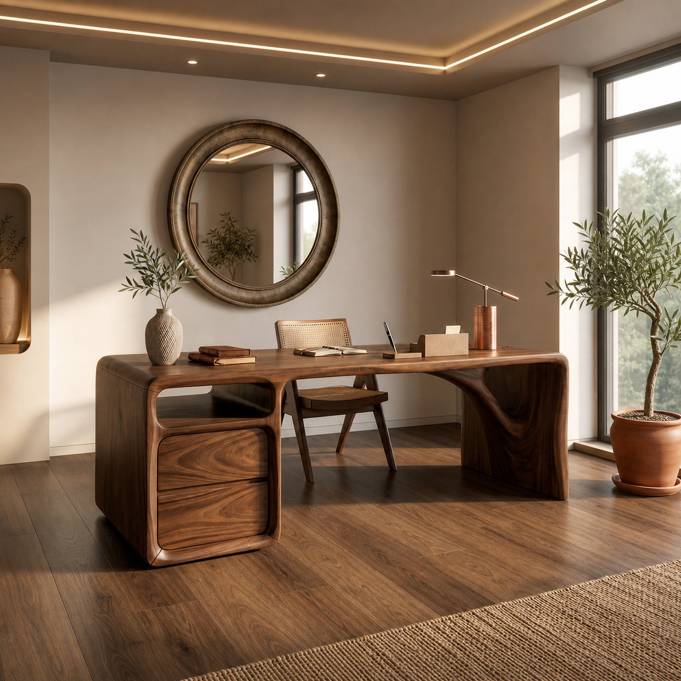 Modern Office Desk With Sculptural Base For Open Living Workspace - product view 7