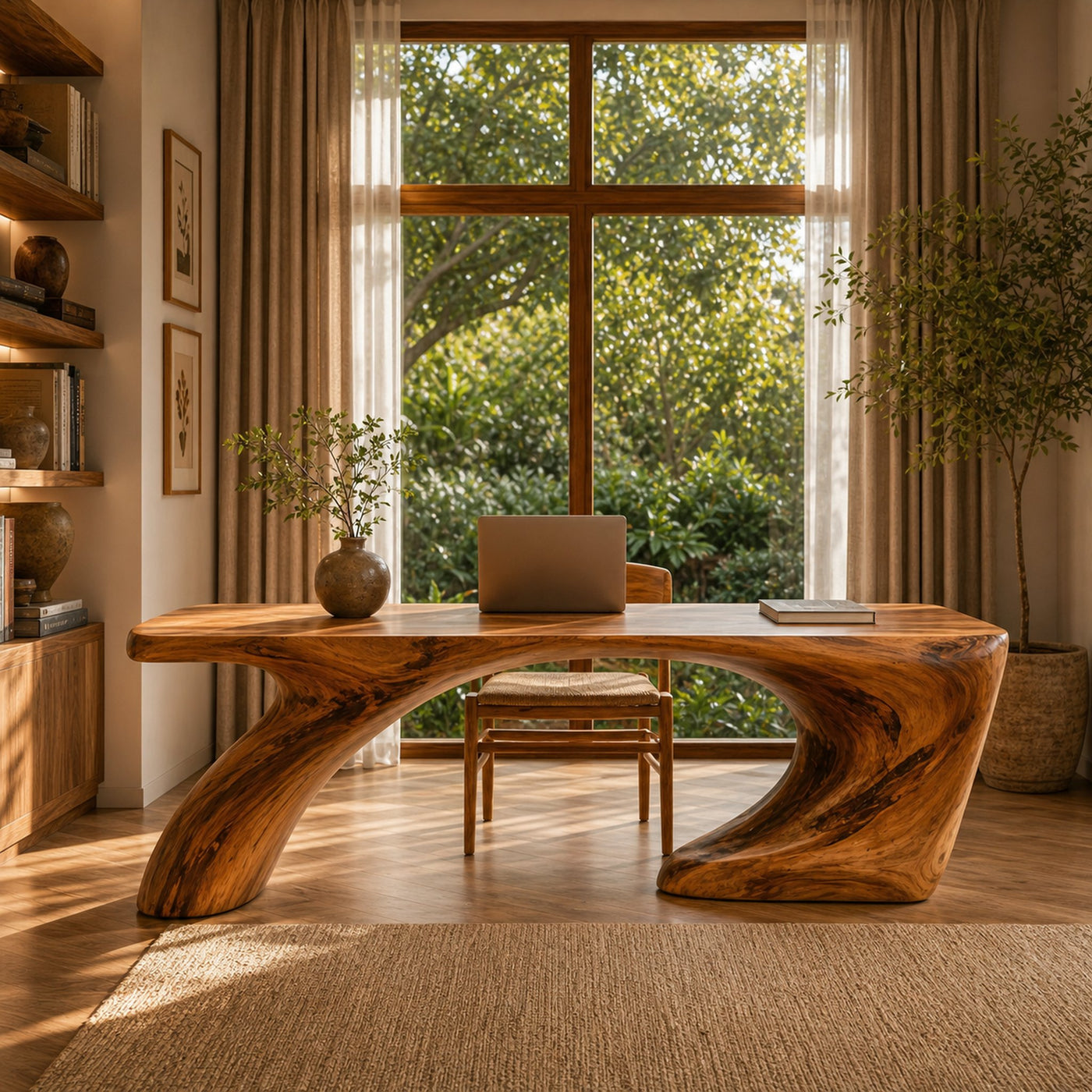 Modern Organic Desk With Sculptural Curved Wood Base And Solid Wood Top For Home Office And Workspace