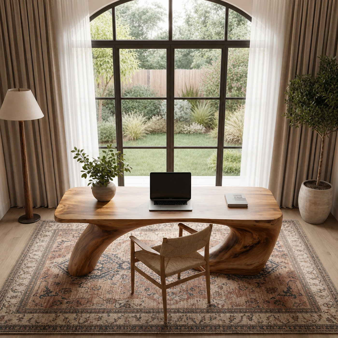 Modern Organic Desk With Sculptural Curved Wood Base And Solid Wood Top For Home Office And Workspace - product view 2