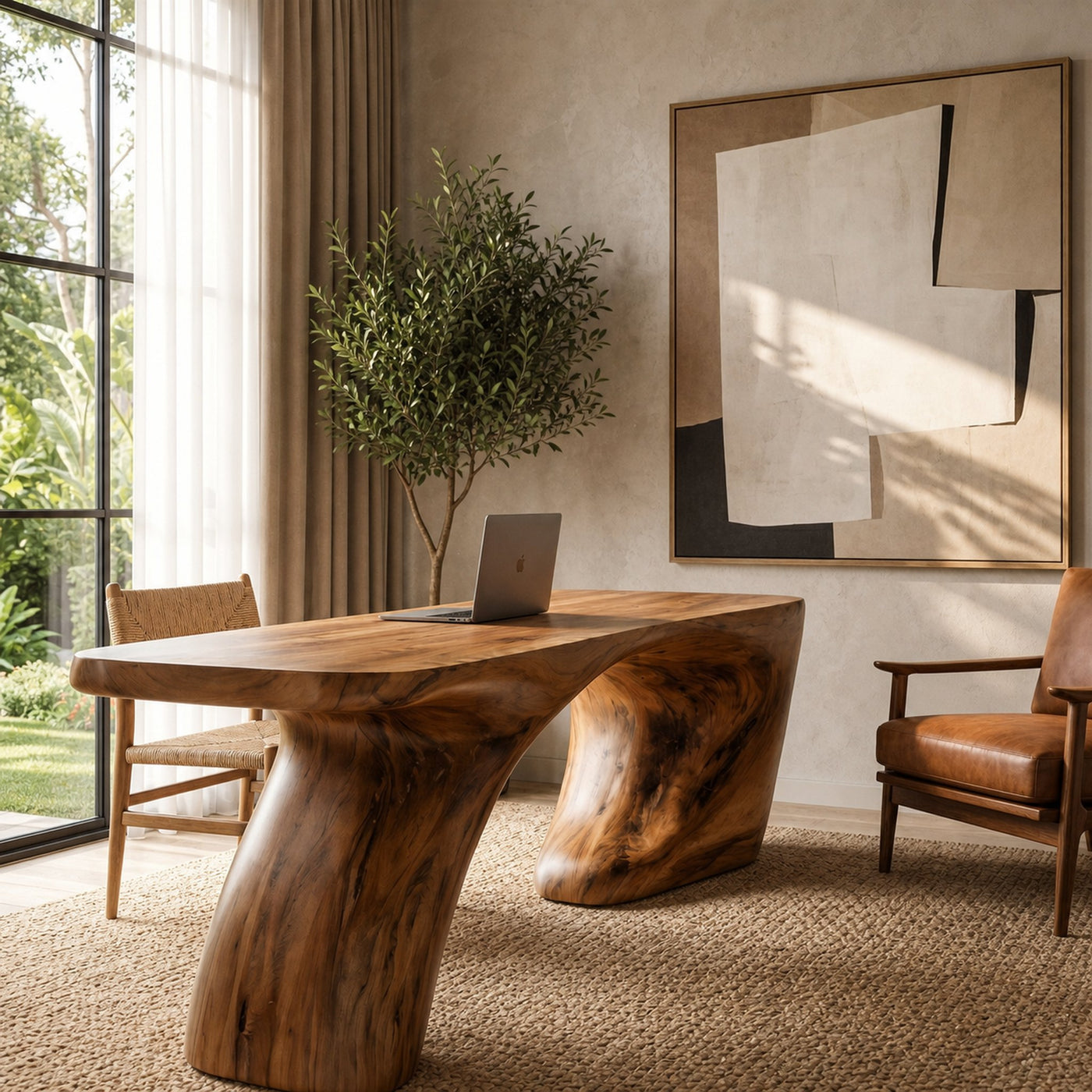 Modern Organic Desk With Sculptural Curved Wood Base And Solid Wood Top For Home Office And Workspace - product view 3